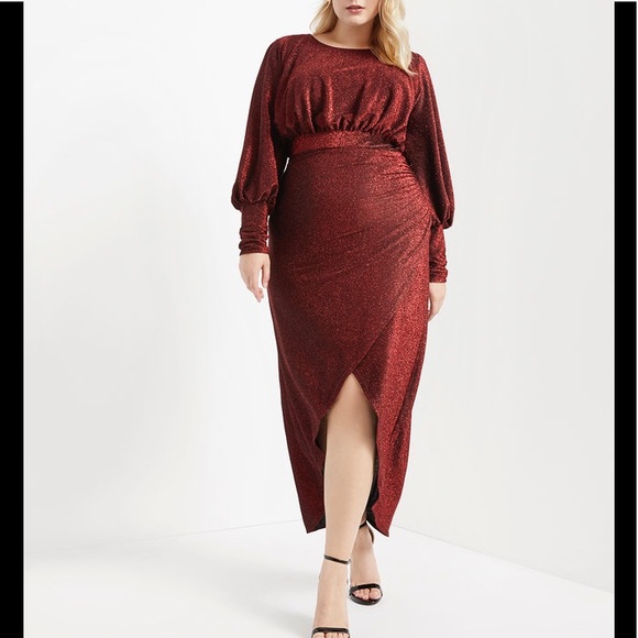 Eloquii Dresses & Skirts - Eloquii long sleeve red metallic sparkle maxi dres